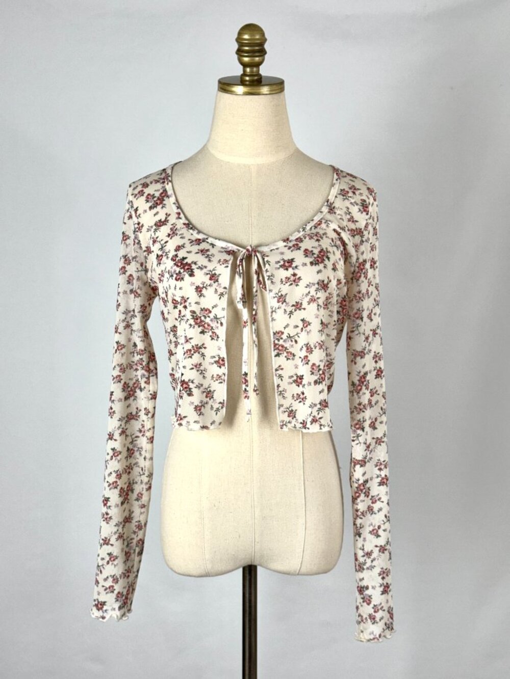Y2K Floral Mesh Crop Cardigan Top Tie Front Sheer Lettuce Hem Coquette Dainty - Picture 2 of 9